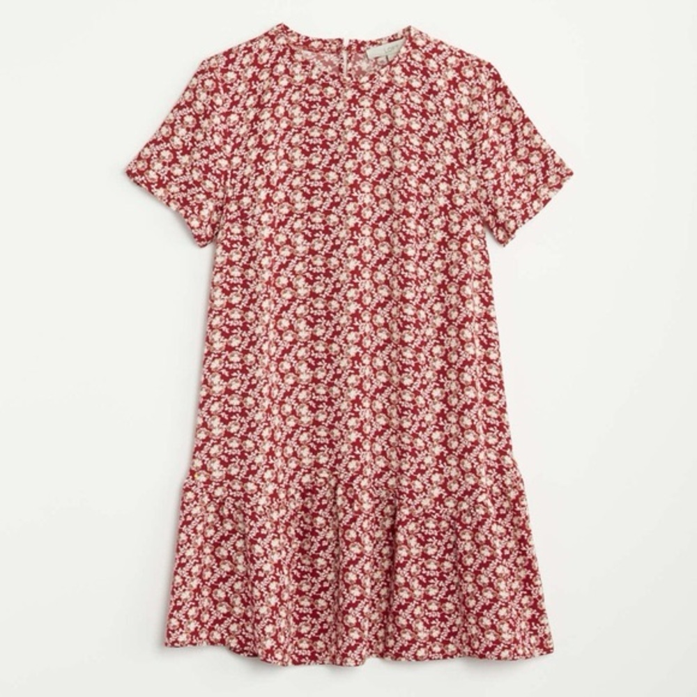 LOFT Red Floral Ruffle Hem Short Sleeve Dress